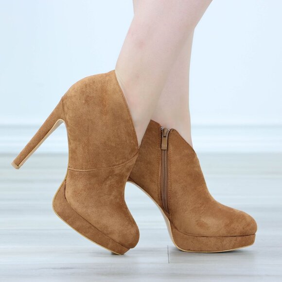 Tan High Heel Ankle Boots Platform Stilettos Faux Suede - Picture 1 of 13
